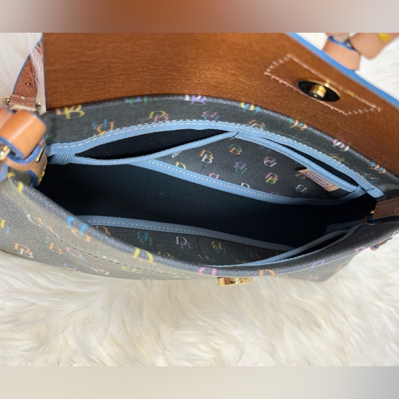 Dooney & Bourke “ Vintage It Bag” Leather Baguette Rainbow Monogram Blue Trim - Picture 12 of 17